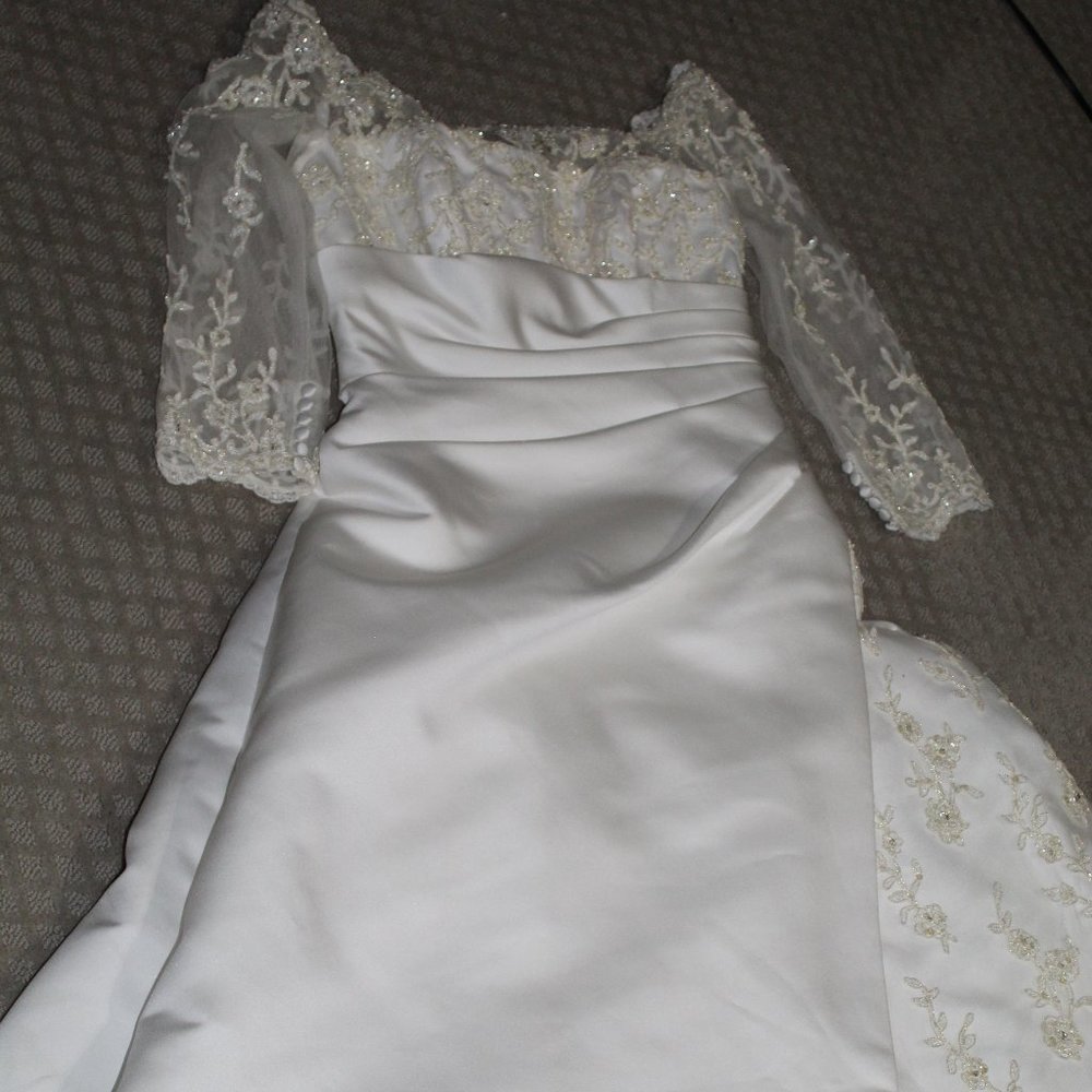 Private Collection Ivory and Gold Embroidered Lace Applique Beaded Wedding Gown
